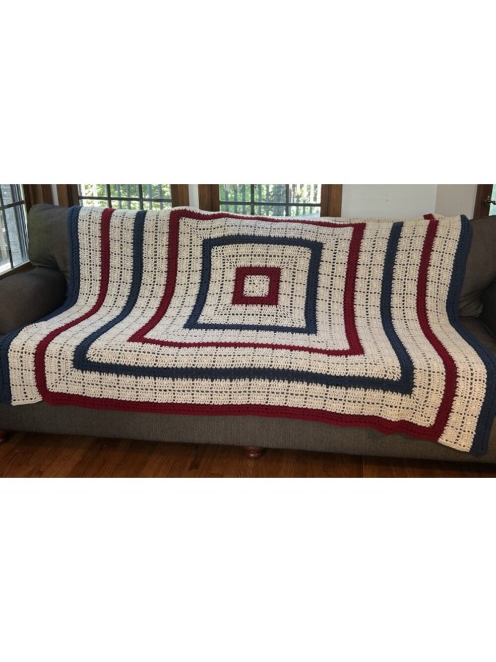 Red, White & Blue Crochet Couch / Bed Throw Blanket 78”x 63” Square